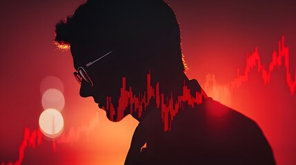 Profile of an Analytical Businessman Against a Dramatic Red Background with Stock Market Graph Overlay Representing Financial Insights and Data Interpretation