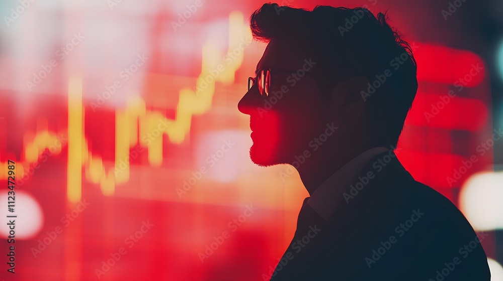 Aufkleber professional businessman in profile against abstract red background with financial chart, symbolizin