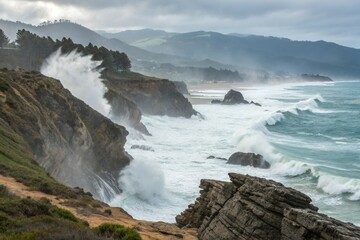Fototapeta premium Rugged coastal landscape with crashing waves and cliffside trees.