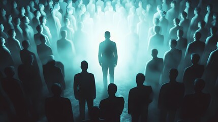 Obraz premium An Enigmatic Gathering of Silhouetted Figures Surrounded by Ethereal Light, Symbolizing Isolation, Reflection, and the Search for Identity in a Chaotic World