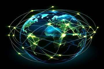 A digital art illustration of a worldwide network connection, featuring glowing lines and dots spanning a globe