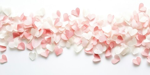 Pink and white heart-shaped confetti on white background