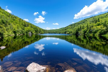 Fototapeta premium Serene lake reflecting blue sky and green hills under a bright sunny day.