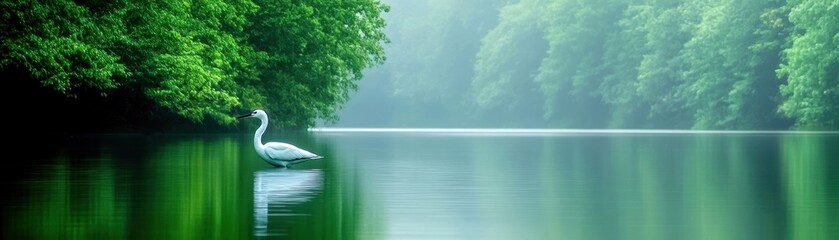Fototapeta premium Serene landscape with a swan on a tranquil lake surrounded by lush greenery.