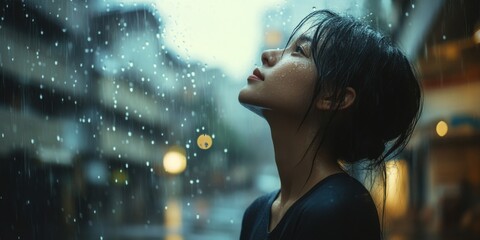 A person standing in the rain without an umbrella, their face turned upward, letting the raindrops fall as if embracing the moment"