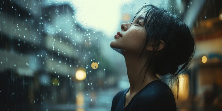 A person standing in the rain without an umbrella, their face turned upward, letting the raindrops fall as if embracing the moment"