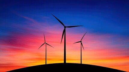Obraz premium Renewable Energy at Sunset: Wind Turbines Spinning on Hilltop with Vibrant Sky and Scenic Landscape
