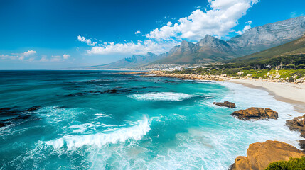 Fototapeta premium A vibrant African coastline with turquoise waves crashing against golden sandy beaches under a bright blue sky.