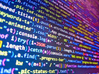 Background to programmers job offer. Software development monitor. Creative blue news background....