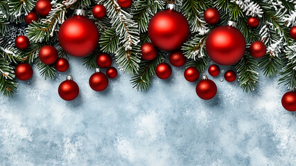 Festive Christmas border with red ornaments ,The ground is snow