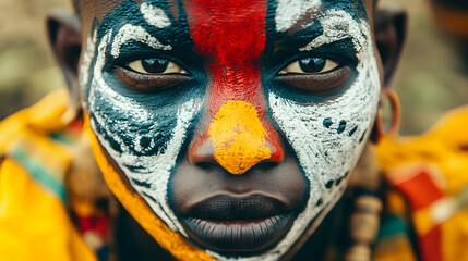 A vibrant African initiation ceremony featuring symbolic face painting and traditional songs in a sacred clearing.