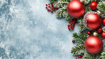 Festive Christmas border with red ornaments ,The ground is snow