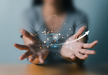 A person holding a digital visualization of AI, data graphs, and growth indicators, symbolizing innovation and technology advancements.