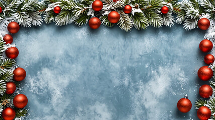 Festive Christmas border with red ornaments ,The ground is snow