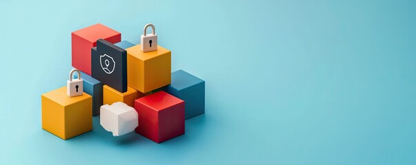 Fototapeta premium Digital Literacy cybersecurity communication Colorful blocks with padlocks symbolize security and protection in a digital context.