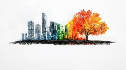 Fototapeta premium Vibrant cityscape with colorful autumn tree