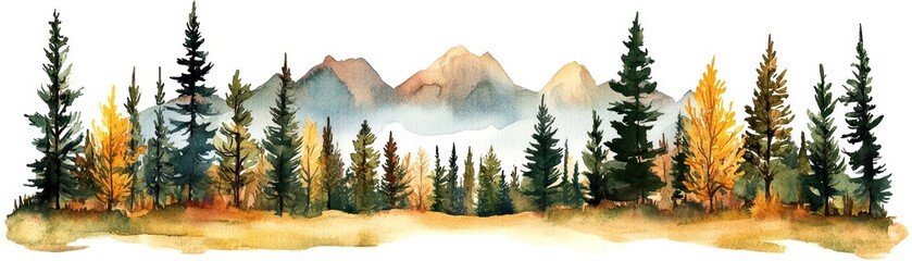 Fototapeta premium Watercolor landscape with pine trees and autumn colors, white isolate background.