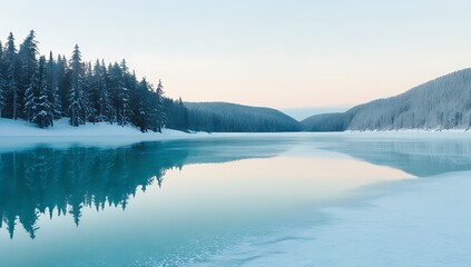 Fototapeta premium Serene Winter Lake Surrounded by Snow Covered Pine Forests