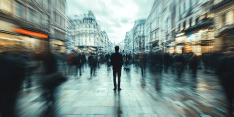 A solitary figure standing in the middle of a bustling city square, their expression overwhelmed and disconnected, with motion blur suggesting chaos around them"