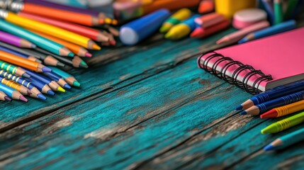 Obraz premium Colorful stationery items arranged on a wooden table.