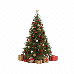 abstract 3d decorated green christmas tree with golden baubles for new year with gift box isolated on white background