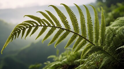 Fototapeta premium A Single Fern Frond Against A Misty Mountain Background