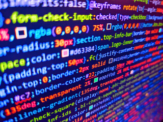Abstract digital background. Developer work. Software source code. Jquery code background. Javacsript with web development. Demand for experienced programmers. Closeup of package. Binary code.