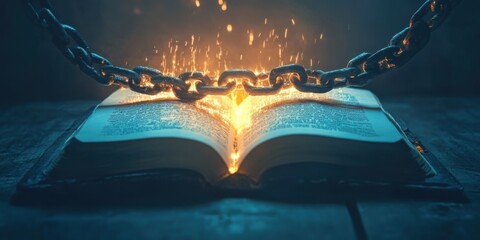 A symbolic image of chains wrapped around an open journal, with faint rays of light breaking through the links, representing blocked creativity and hope"