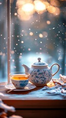 Fototapeta premium Teapot and cup by snowy window with warm light and bokeh effects