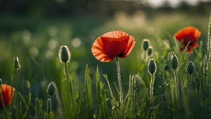 Fototapeta premium Red poppies bloom in a vibrant field of wildflowers under a sunny summer sky