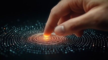Futuristic Touch Technology: Hand Interacting with Glowing Digital Interface and Circular Data Points