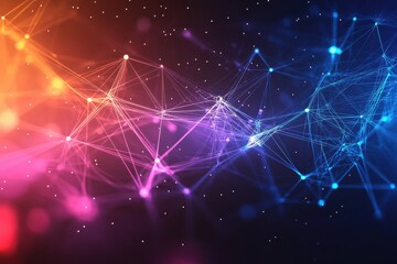 Obraz premium Abstract Network with Interconnected Nodes and Lines in Blue, Purple, and Orange Hues