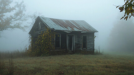 Obraz premium A forgotten cabin shrouded in fog, with vines twisting through broken windows and door left ajar.