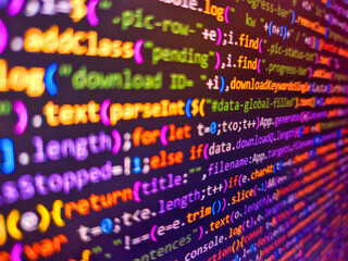 Javascript code background. Stock background. Template of website, selective focus. Backend coding...