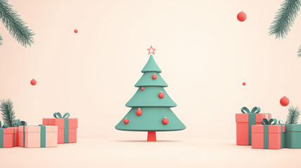 Fototapeta premium Minimalist christmas tree and gift boxes frame vector illustration