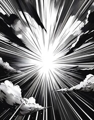 Bold black and white manga explosion graphic art showcasing dramatic sunburst effects and dynamic lines. Generative AI