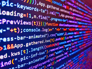 Javacsript with web development. Programmer monitor with php language code. Color coding on screen....