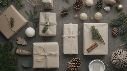 Elegant Holiday Gift Display, an artistic arrangement of beautifully wrapped presents and vibrant decorations, capturing the essence of festive creativity and celebration preparations.