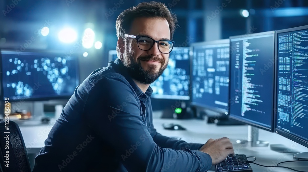 Poster smiling man working at multiple computer screens