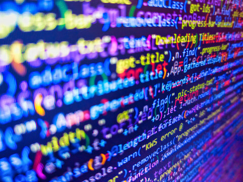 Light blue abstract  computer code. Blue banner with php language code on development monitor. Code on monitor. Demand for experienced programmers. Coding programming source code screen.
