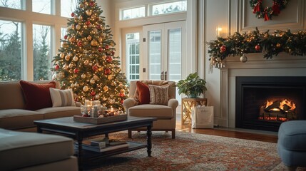 Cozy holiday living room, festive atmosphere, large Christmas tree with colorful ornaments, warm ambient lighting, crackling fireplace providing a welcoming glow