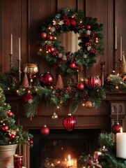 Festive Mantelpiece Decoration, a cozy display of garlands, glowing candles, and cheerful ornaments, creating a warm holiday atmosphere in a welcoming home environment