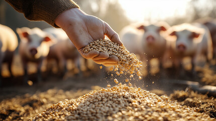 Farmer Holding Organic Pig Feed with Pigs Eating in Background