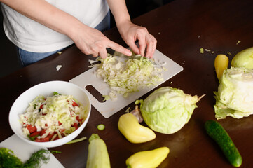 Woman preparing vegetable salad, finely chopping white cabbage with knife on cutting board, other vegetables on table, plate with salad nearby, close-up. Vegan concept, cooking at home