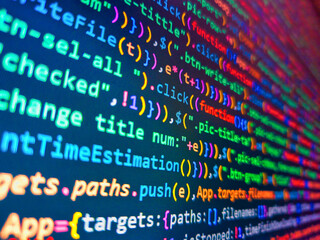 Computer code on laptop web developing. Science symbol. Business, trading information, stock market...