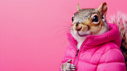 Playful squirrel wearing a bright pink vest against a vibrant bright pink background, ideal for seasonal marketing, joyful product ads, and energetic promotional designs