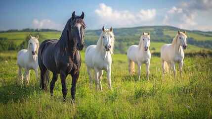 Obraz premium Elegant horses grazing in a vibrant meadow, a striking black horse stands out among white companions, rolling hills and bright blue sky create a serene natural landscape.