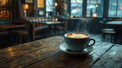 A steaming cup of coffee sits on a rustic wooden table in a cozy cafe setting.