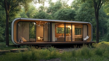 Obraz premium Summer Retreat: Cozy Mobile Dwelling with Veranda at a Scenic Campground
