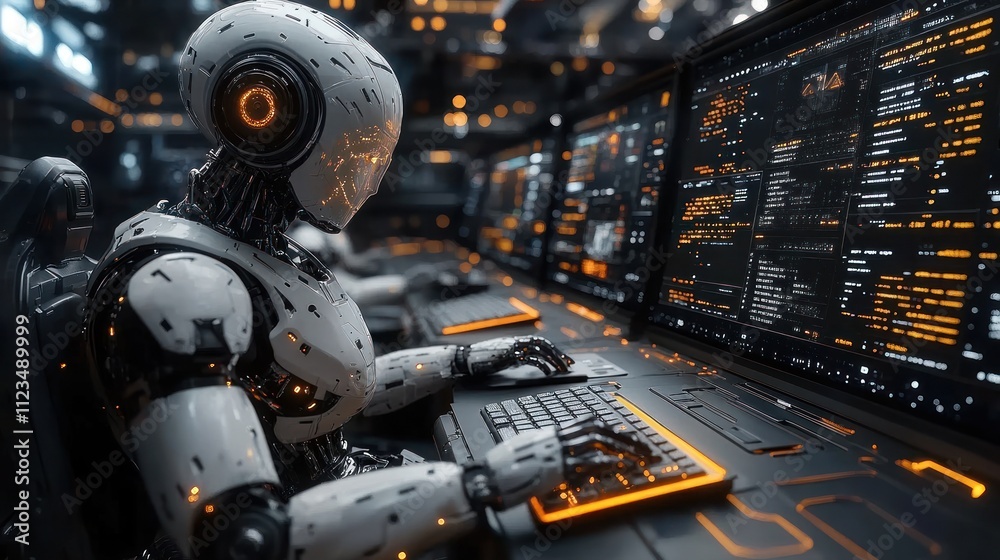 Poster futuristic robot working at high-tech computer station